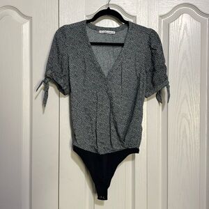 Abercrombie Short Sleeve Black Floral Bodysuit with thong closure